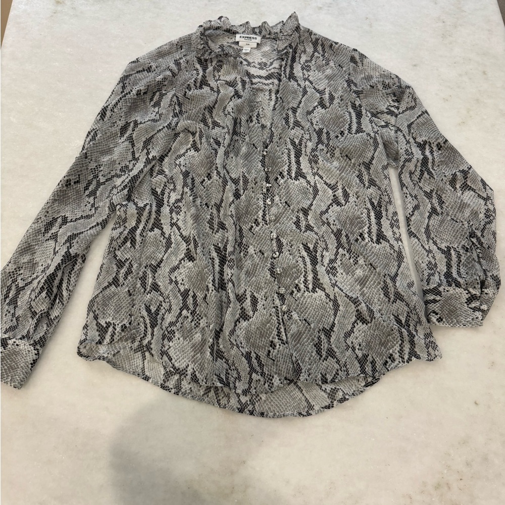 Express Black and Gray Long Sleeve Ruffled Blouse